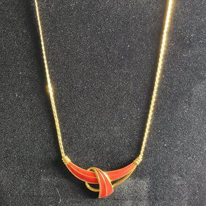 Trifari Tied Red Ribbon Gold Tone Necklace